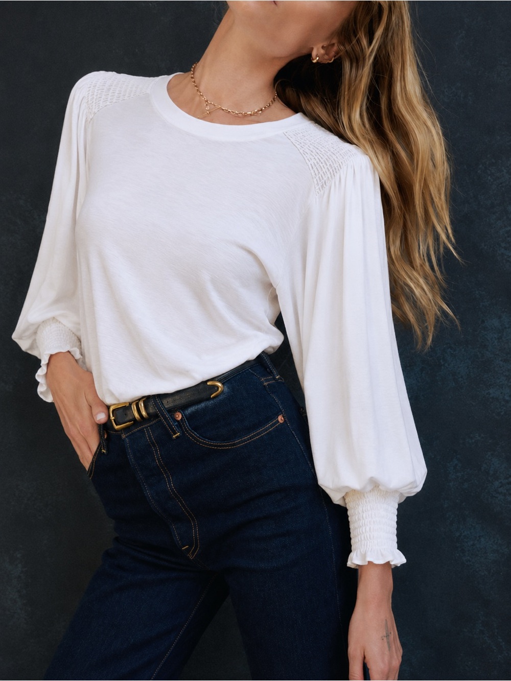 Lauren Conrad White Longsleeve Smocked Balloon Sleeve Top Shirt Blouse